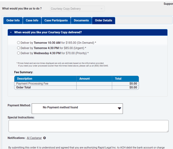 CourtesyCopyDelivveryOrderDetailsTabFeeSummary